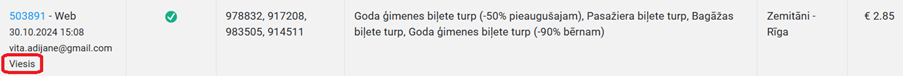 Sadaļā “Pasūtījumi” ir redzams, ka biļešu iegāde ir veikta bez autorizācijas, ir pievienota pazīme “Viesis”