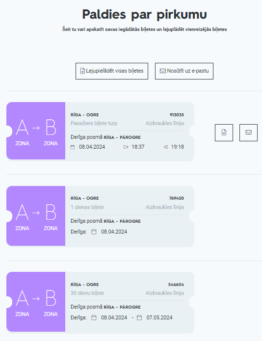 Konts. Var apskatīt iegādātās biļetes un lejuplādēt vienreizējās biļetes