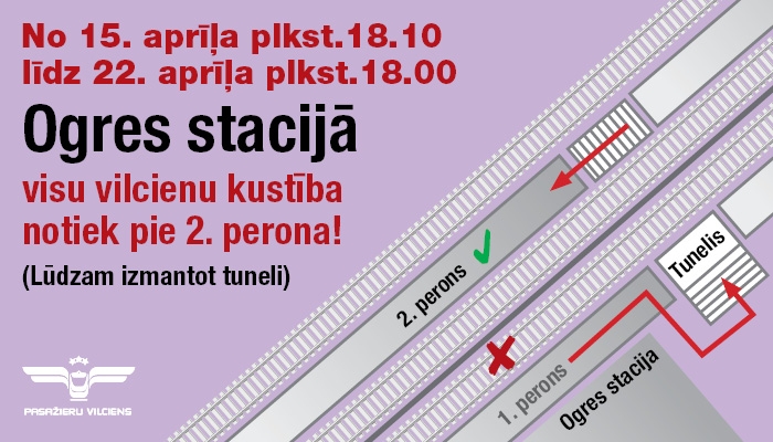 No 15.-22. aprīlim OGRES stacijā visu vilcienu kustība notiek pie 2. perona